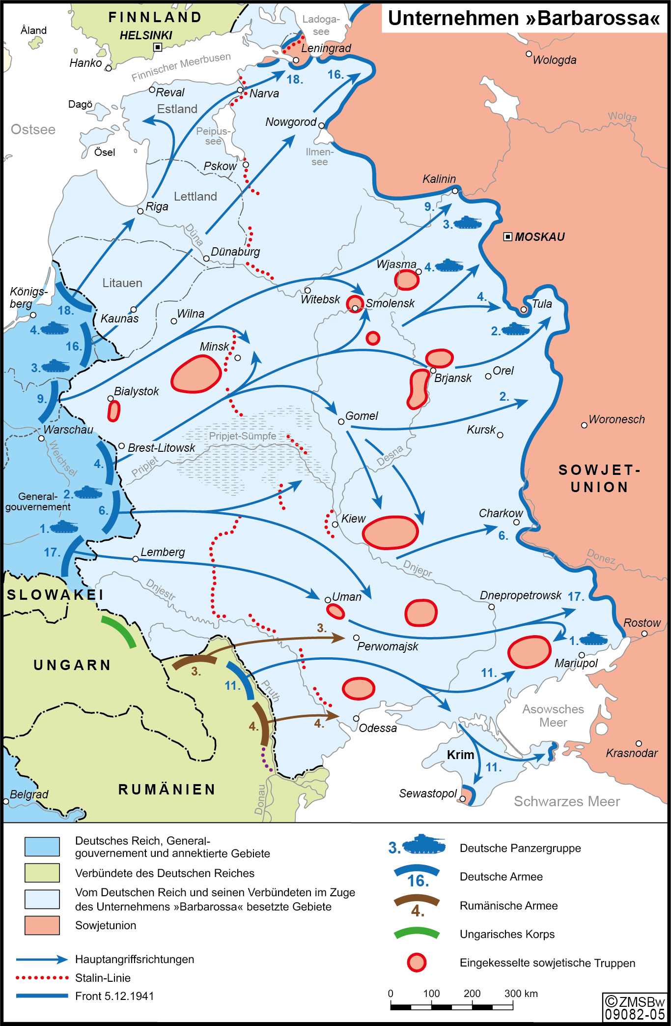blaue Pfeile zeigen die Angriffe der Deutschen Wehrmacht auf die Sowjetunion