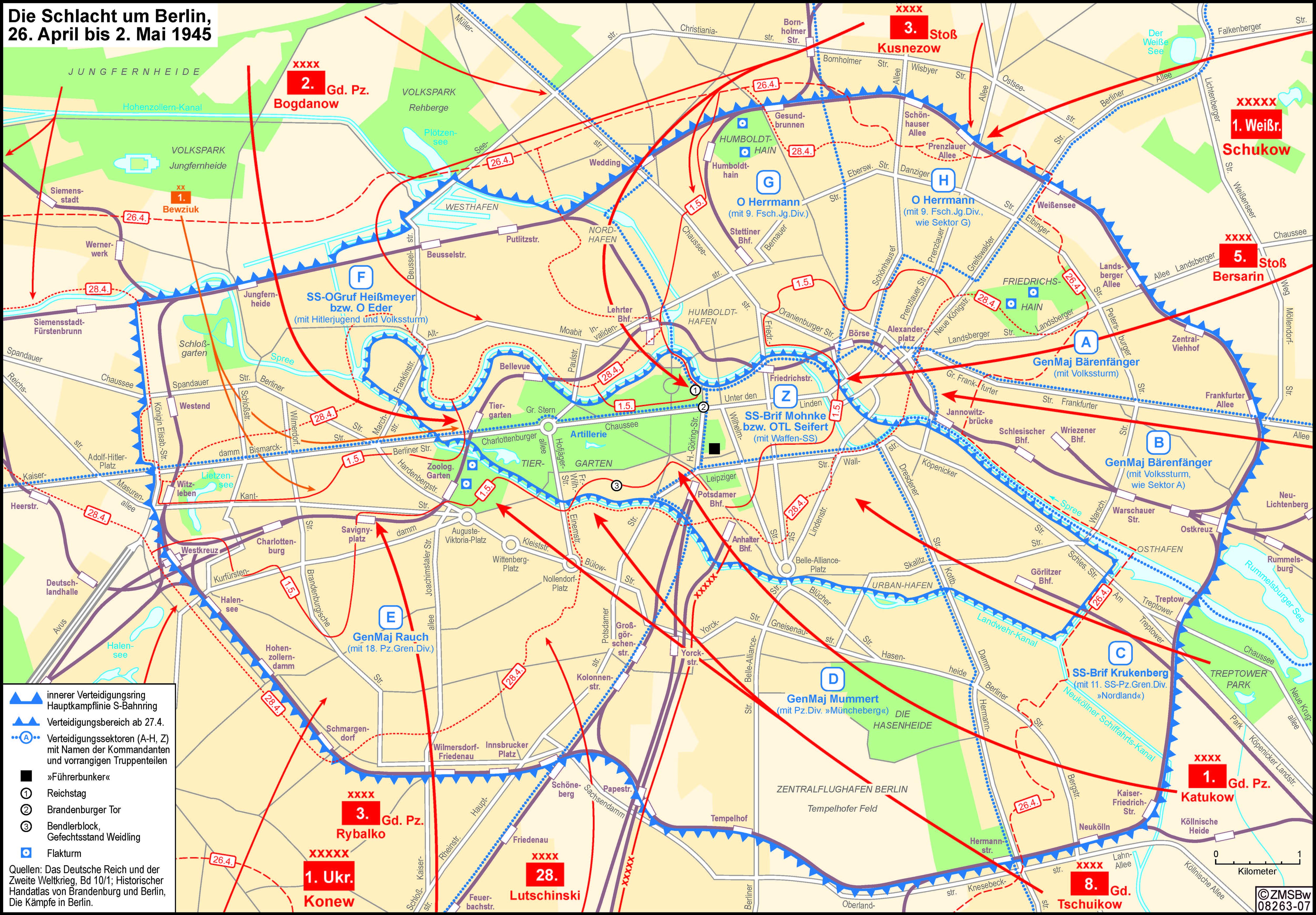 blaue Linien als Verteidigungsbereich bei der Schlacht um Berlin, 26. April bis 2. Mai 1945