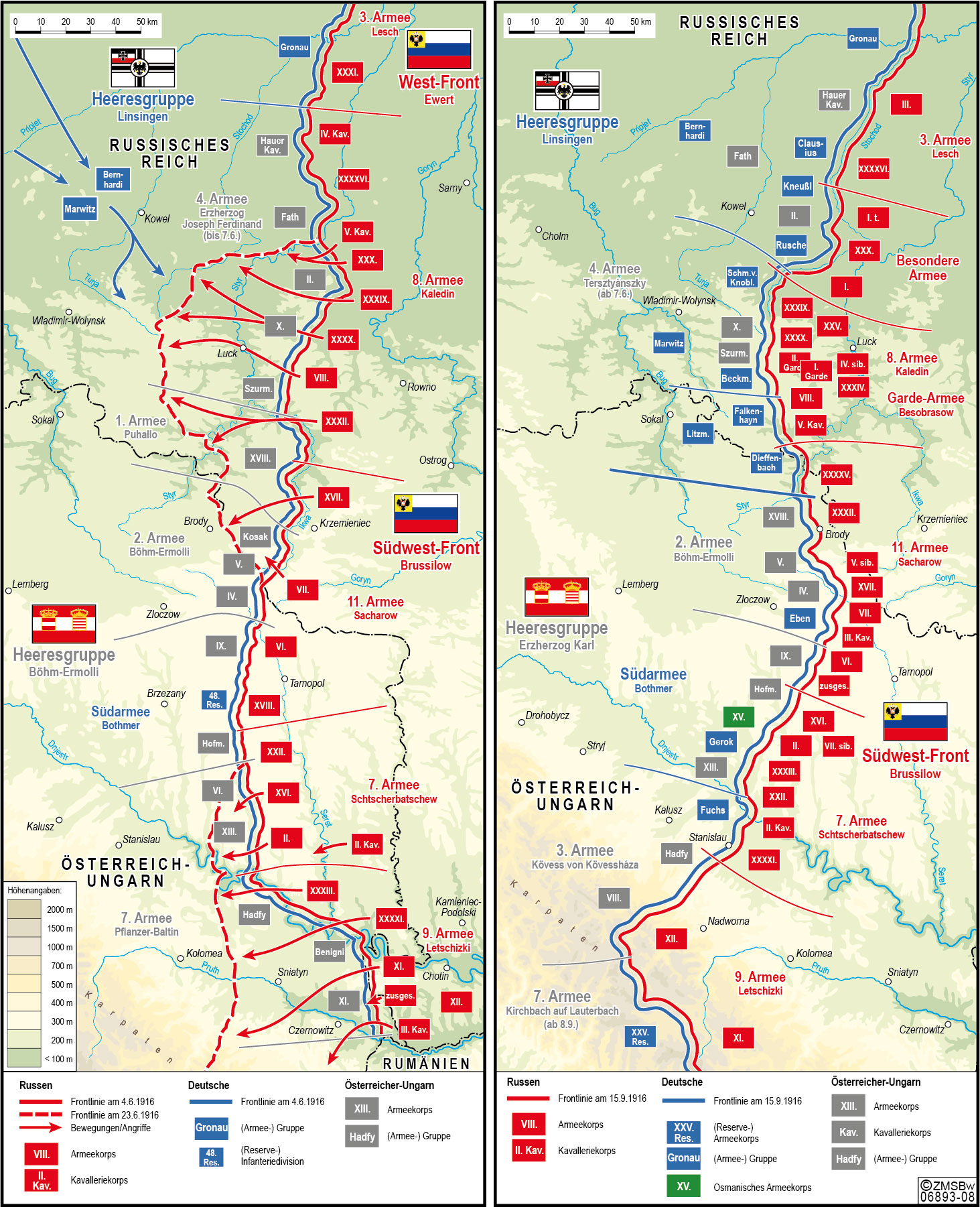 Karte zeigt mit bunten Grafiken den Verlauf der Brussilow-Offensive 1916