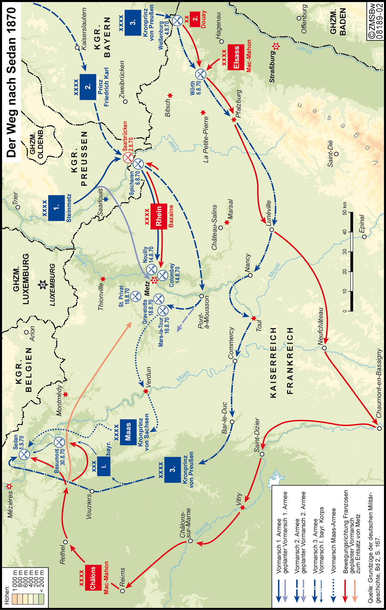 Blaue und Rote Pfeile zeigen den geplanten Vormarsch der Armeen