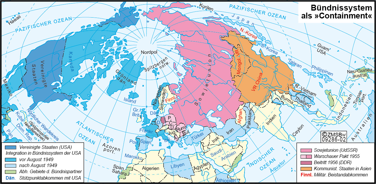 Weltkarte mit blauen Ländern als Bündnispartner und roten kommunistischen Ländern