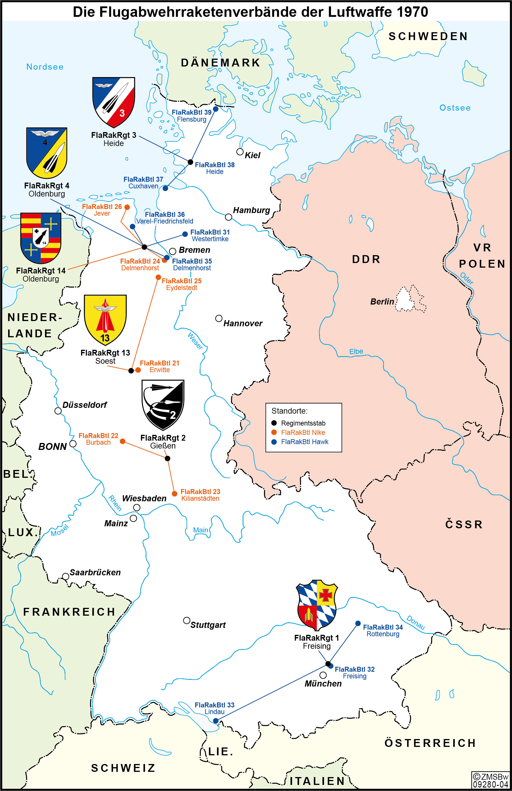 Standorte der Flugabwehrraketenverbände mit Verbandsabzeichen dargestellt