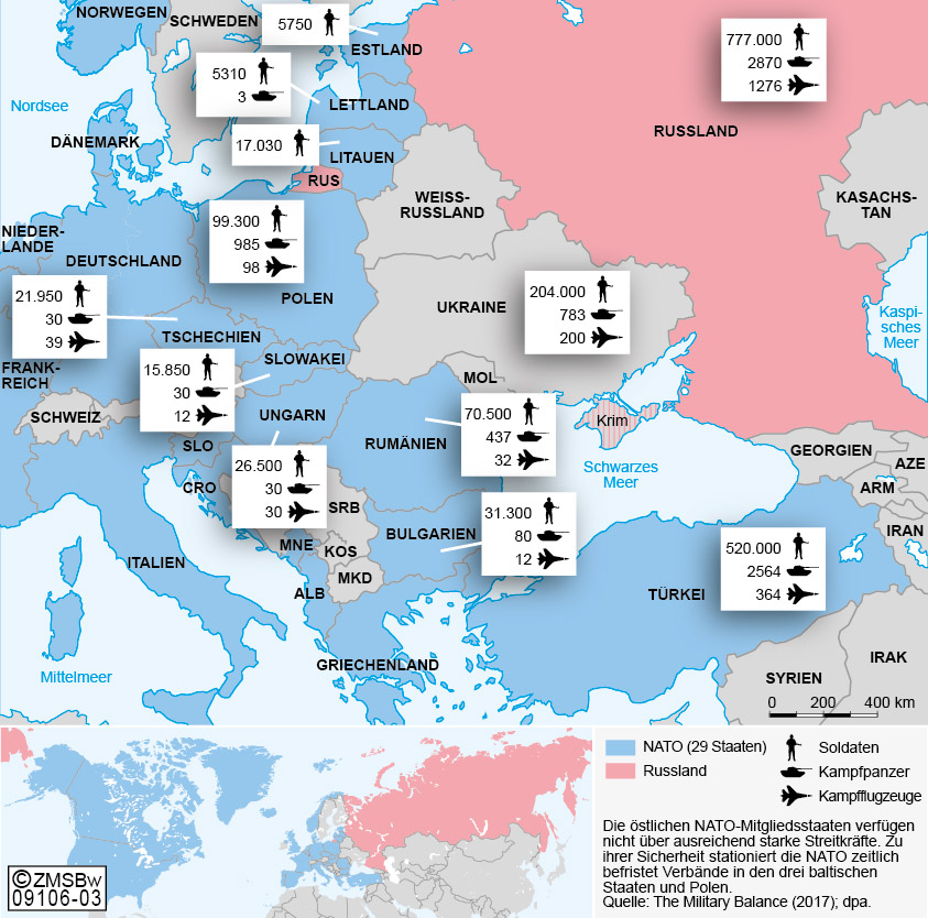 NATO-Mitgliedstaaten in blau mit Zahl der Soldaten, Schiffe und Flugzeuge