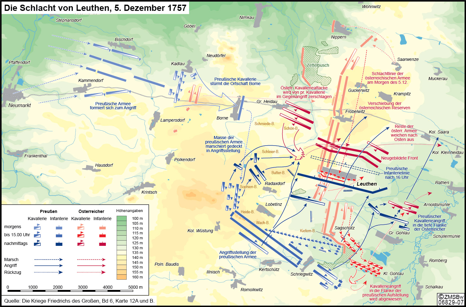 Darstellung der Kampfhandlungen durch rote Linien für die Österreicher und blaue Linien für die Preußen