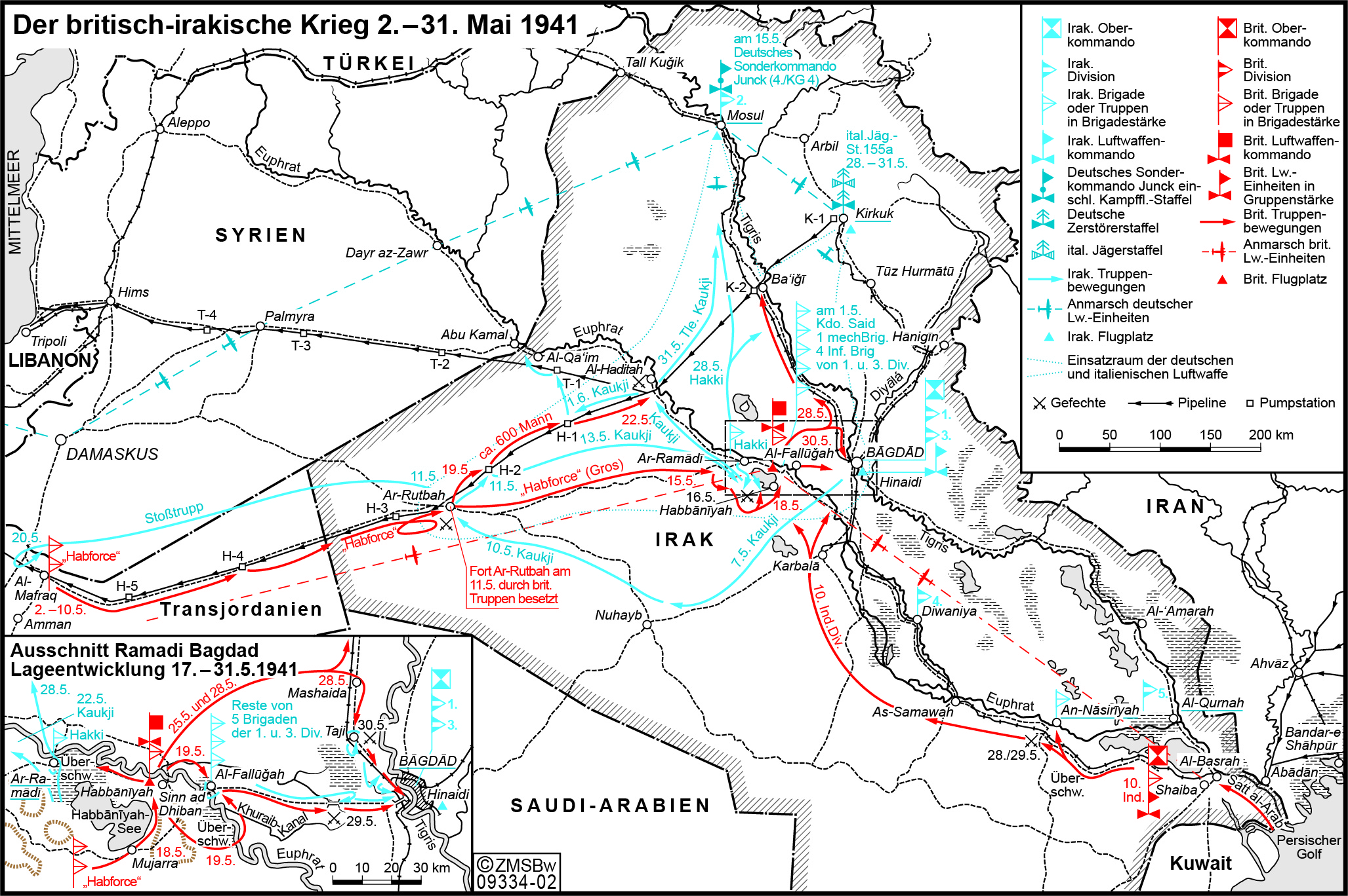 farbliche Darstellung der Truppenbewegungen im Irak 1941