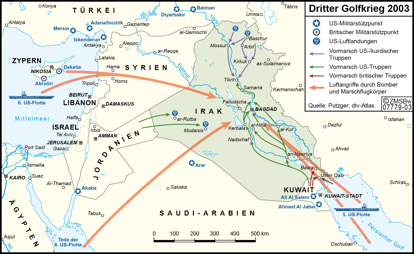 farbliche Darstellung der Marschbewegungen im Dritten Golfkrieg 2003