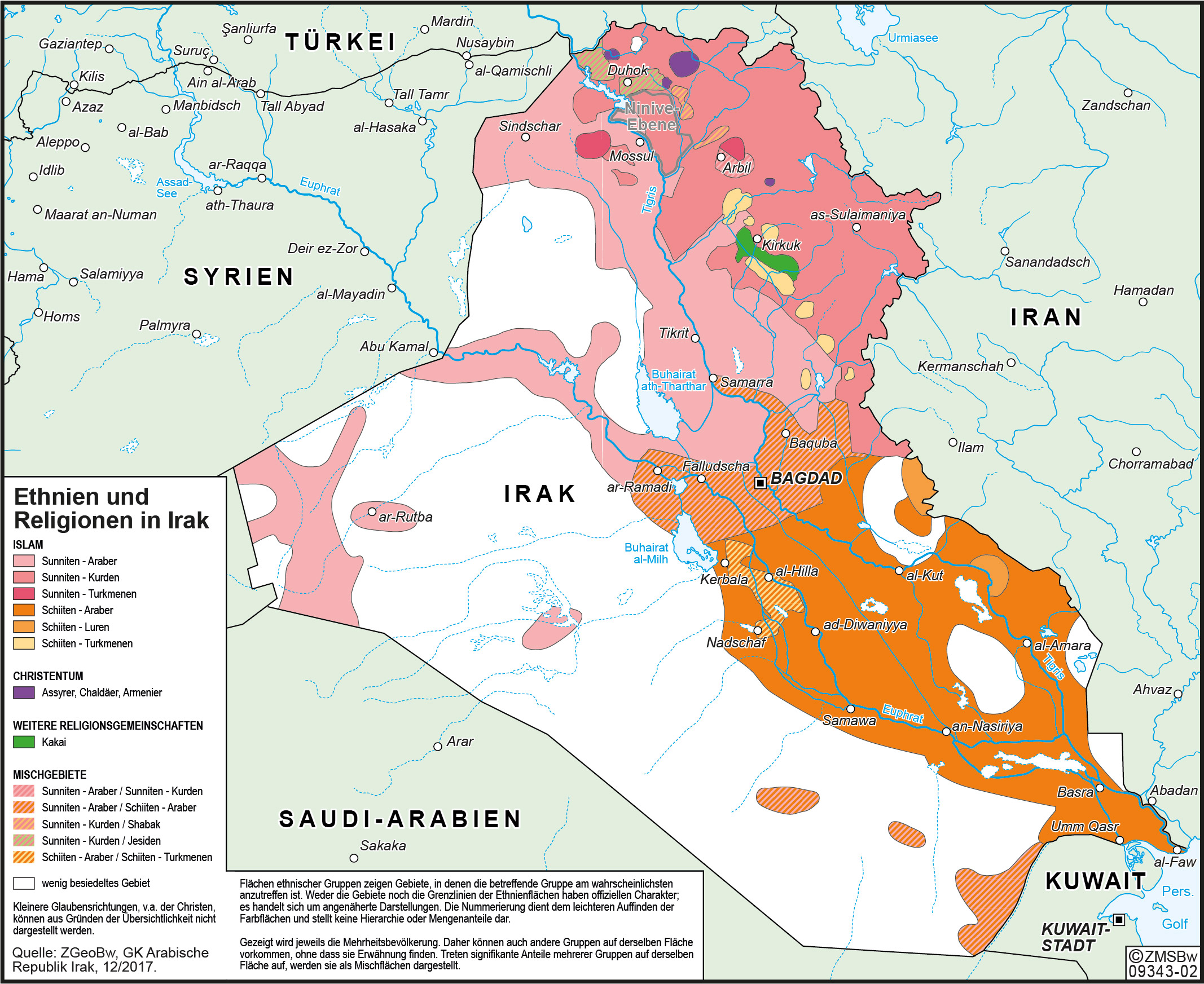 farbliche Darstellung der Ethnien und Religionen im Irak mit Legende