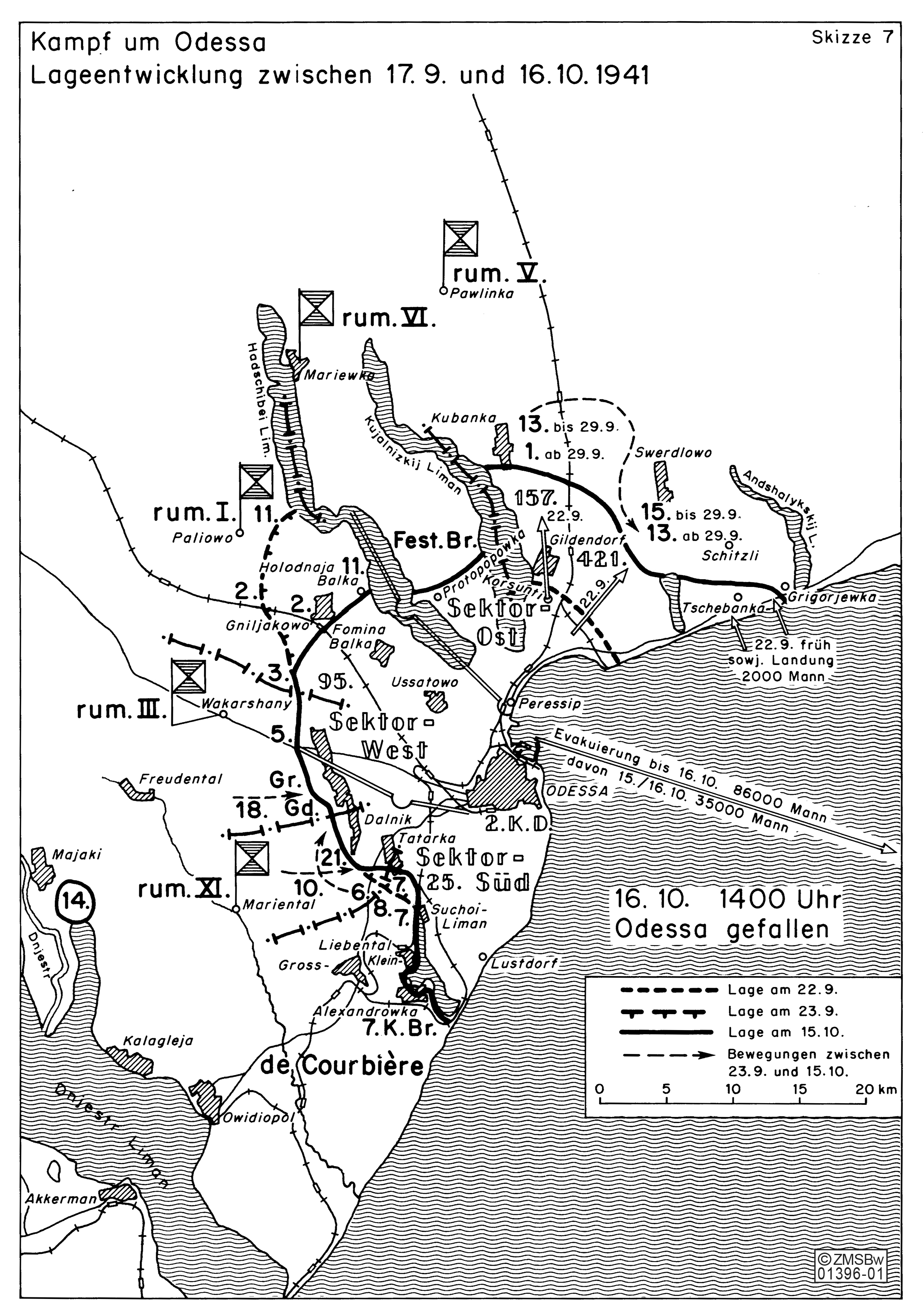 Die schwarz-weisse Karte zeigt die Lageentwicklung zwischen dem 17. September und 16. Oktober 1941 beim Kampf um Odessa.