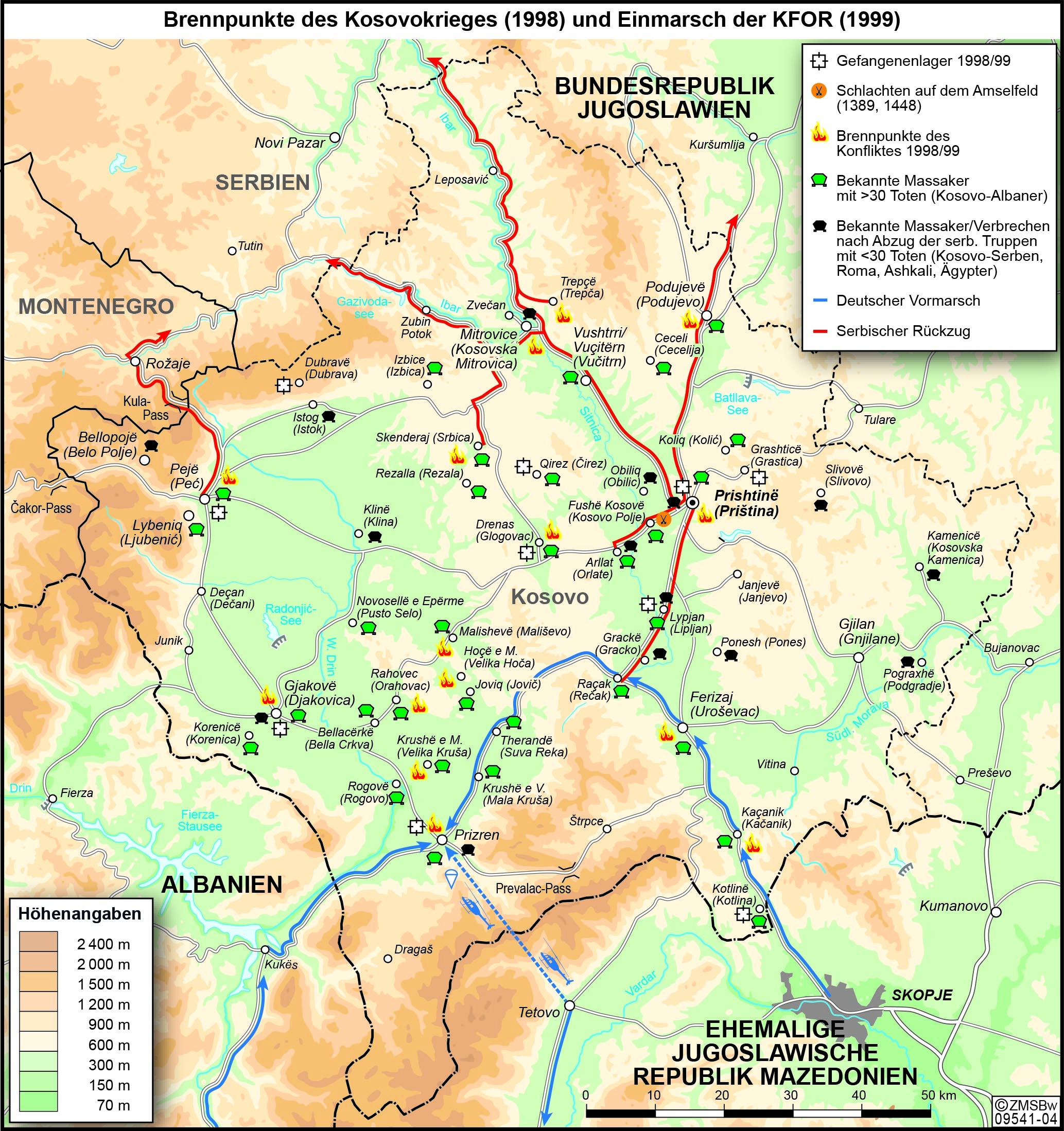 Darstellung des deutschen Vormarsches und serbischen Rückzuges im Kosovo 1999