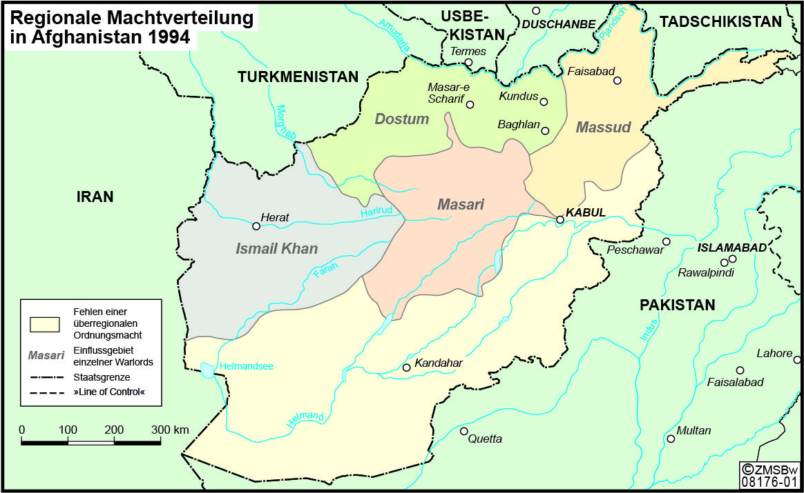 1994 weist eine Karte Afghanistans Gebiete unter Einfluss von Warlords und eine große südliche Region ohne Ordnungsmacht auf