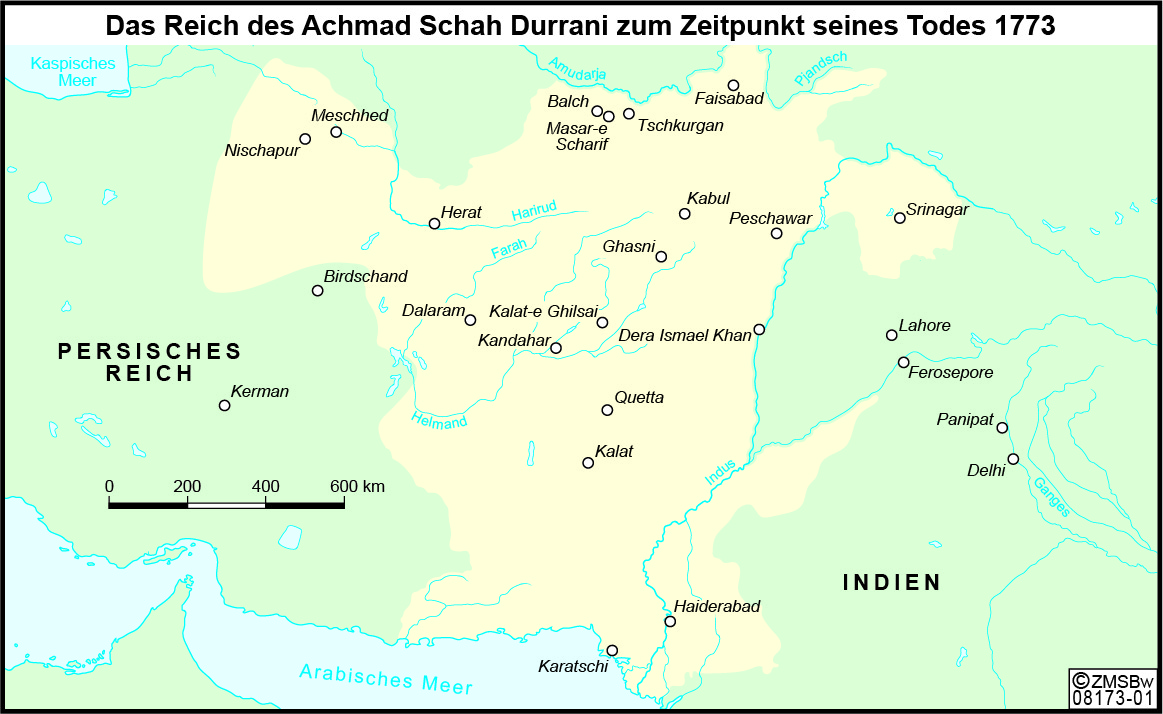 Karte, die die Ausdehnung des Reichs von Achmad Schah Durrani zwischen dem Persischen Reich und Indien im Jahr 1773 zeigt