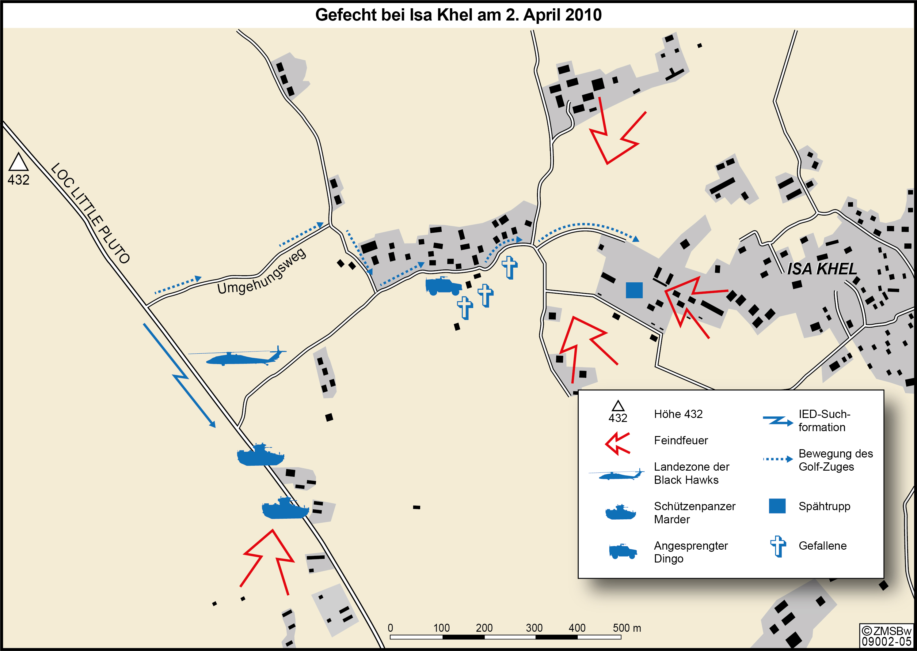 Karte, die das operative Geschehen des Gefechts bei Isa Khel am 2. April 2010 darstellt