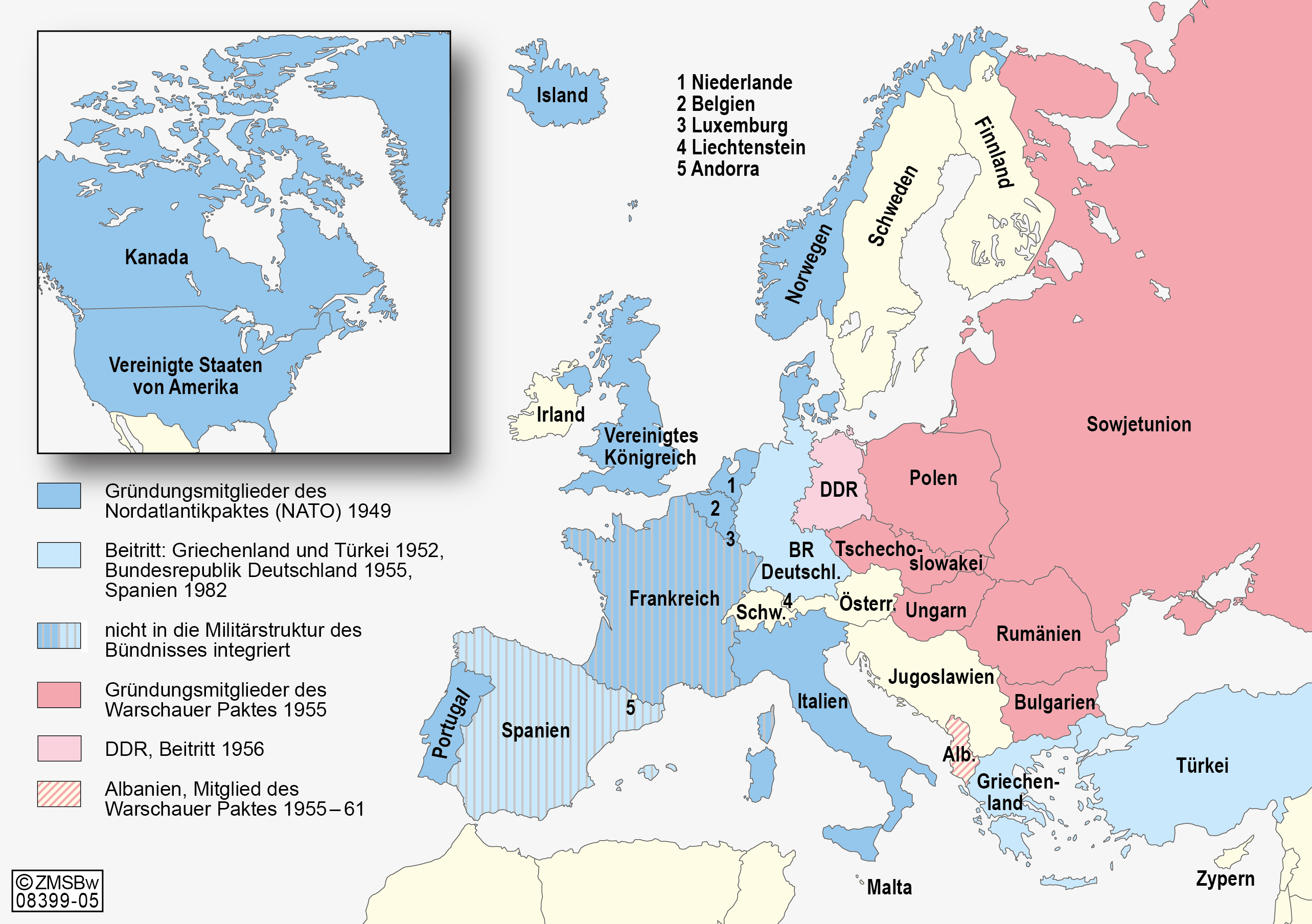 Karte der Mitgliedsländer der NATO und des Warschauer Pakts am Ende des Kalten Krieges