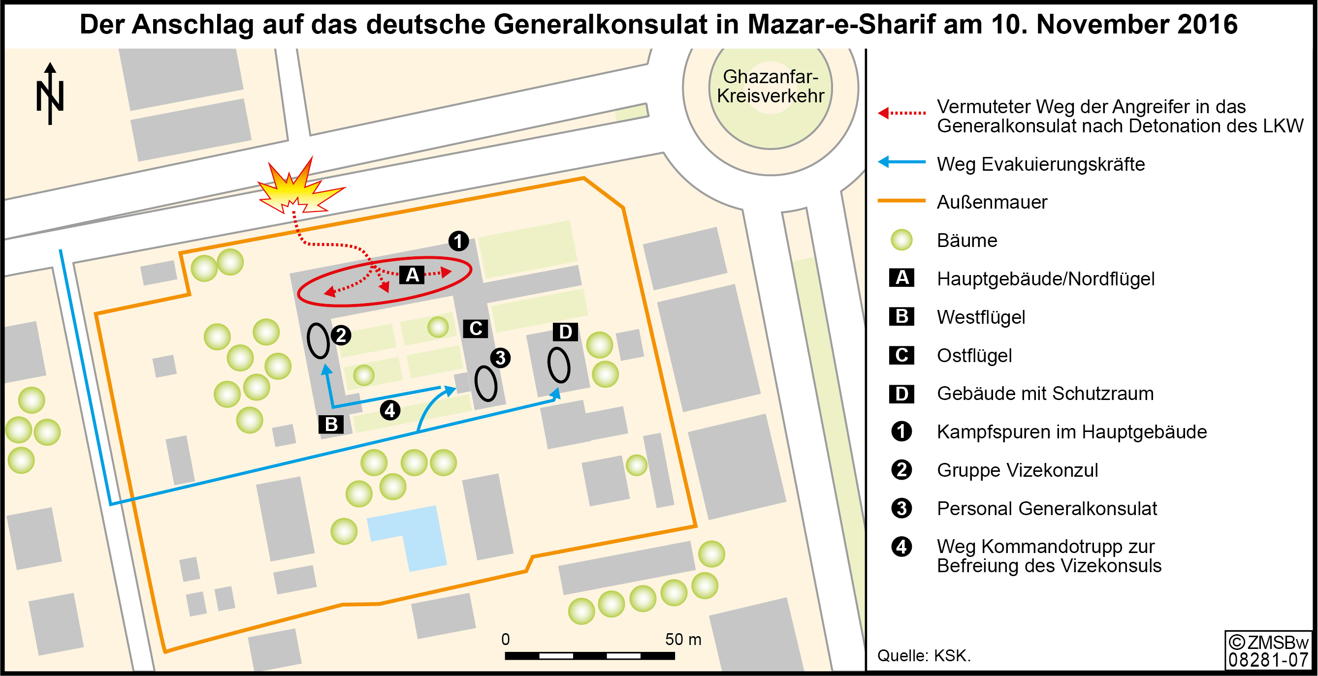 Karte, die den Ablauf der Evakuierungsmission im deutschen Generalkonsulat zeigt
