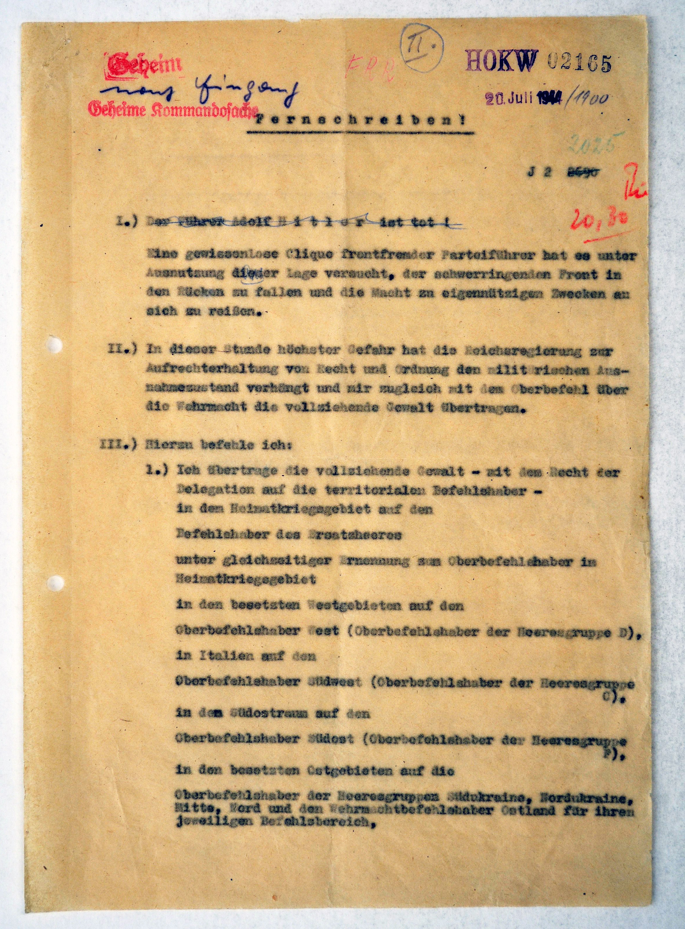 Originales Fernschreiben aus dem Bendlerblock mit Befehlen zur Operation "Walküre"