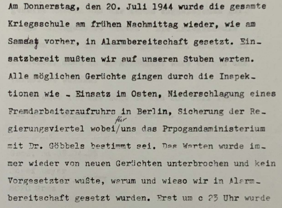 Ausschnitt aus einem Bericht des Fahnjunkers Beyer zum 20. Juli 1944