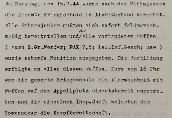 Ausschnitt aus einem Bericht des Fahnjunkers Beyer zum 15. Juli 1944