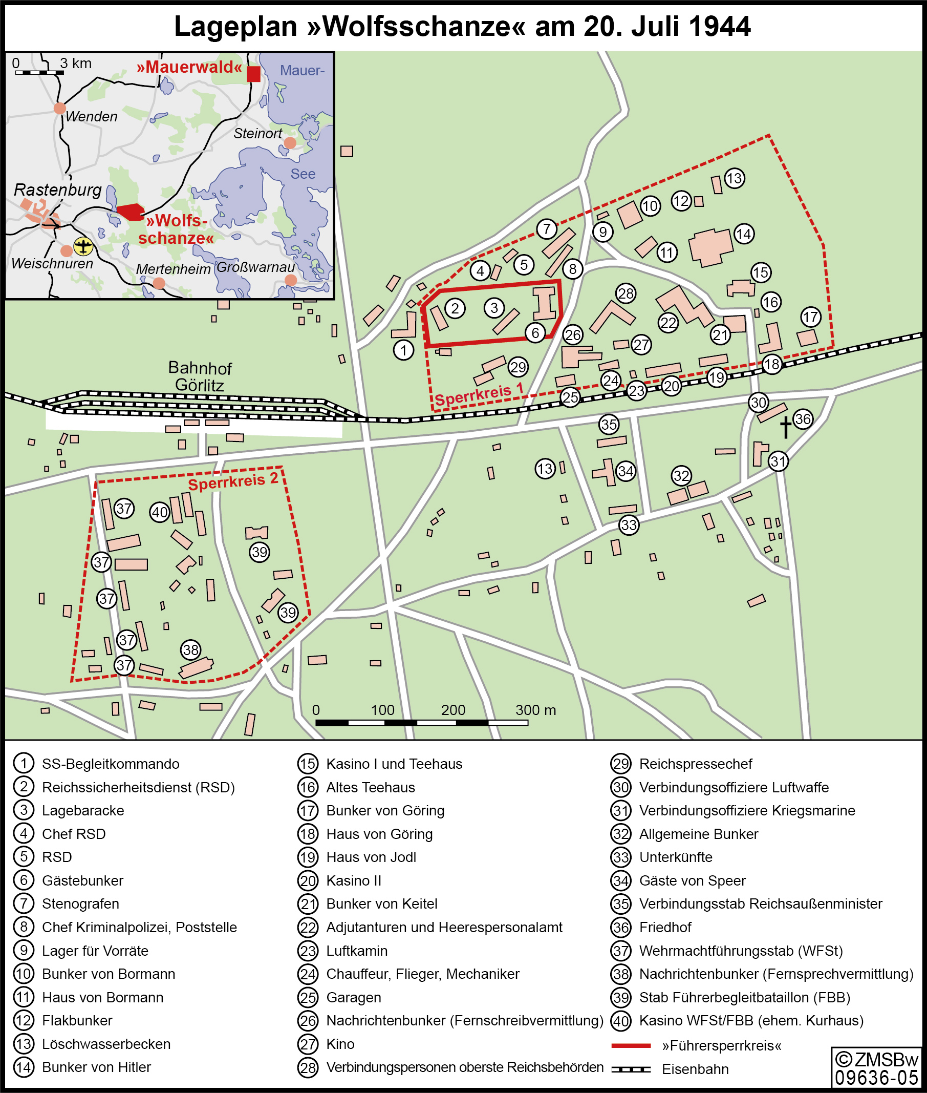 Lageplan des Führerhauptquartier "Wolfsschanze" mit eingezeichneten Sperrkreisen