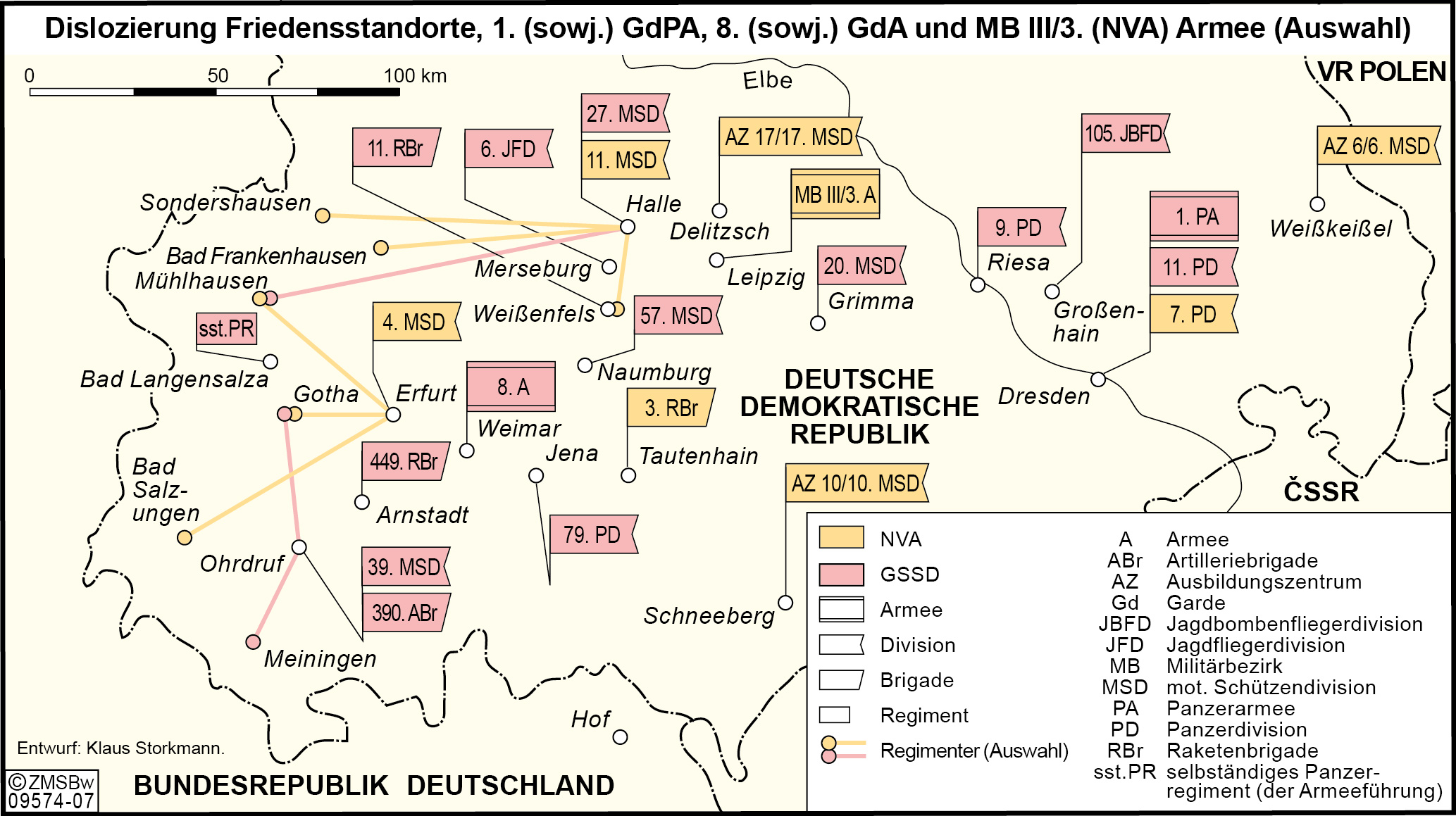 Karte ausgewählter Friedensstandorte einiger Verbände des Warschauer Paktes auf dem Gebiet der DDR