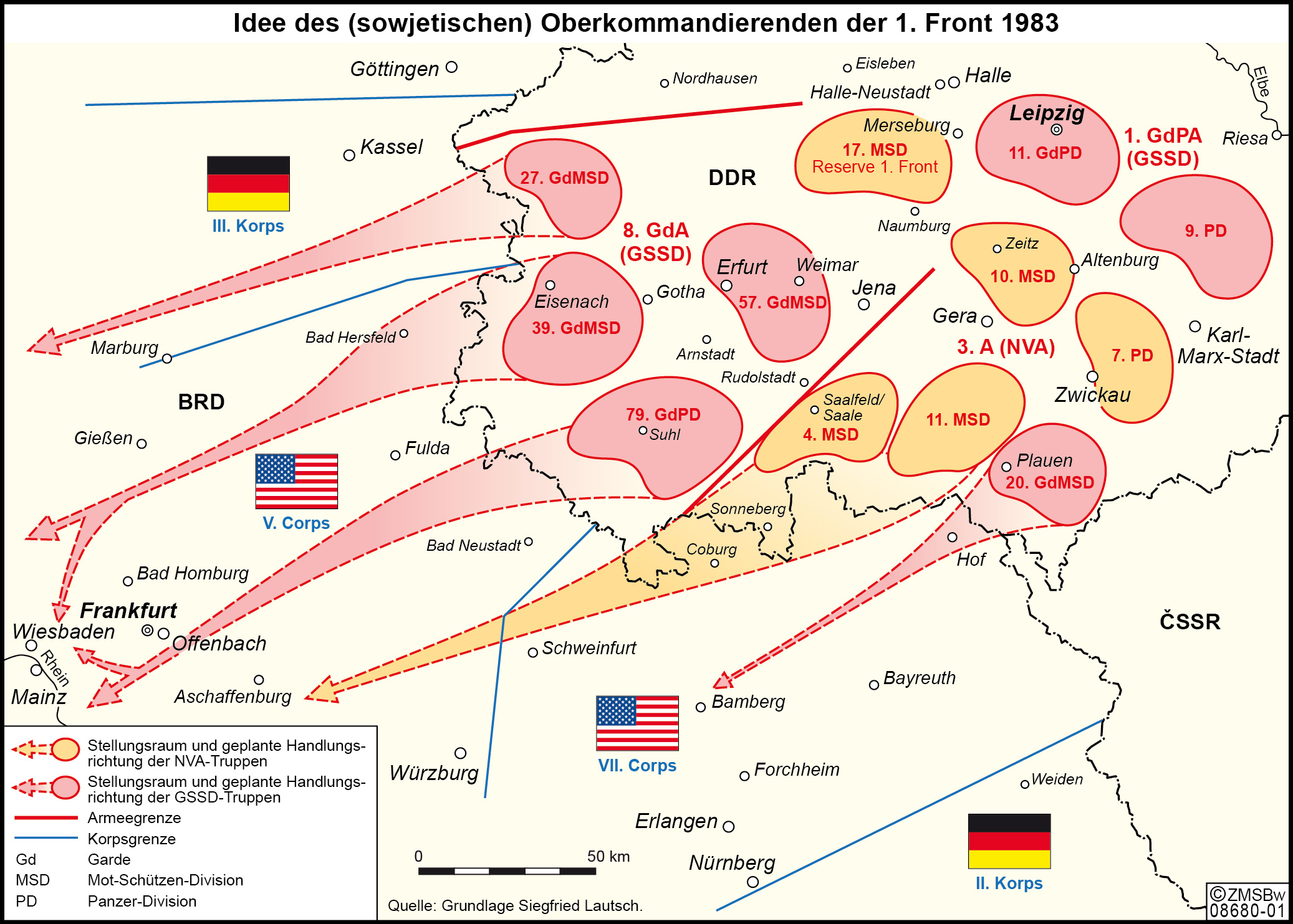 Karte der Idee des Angriffs des Warschauer Paktes im Raum Hessen und Bayern von 1983