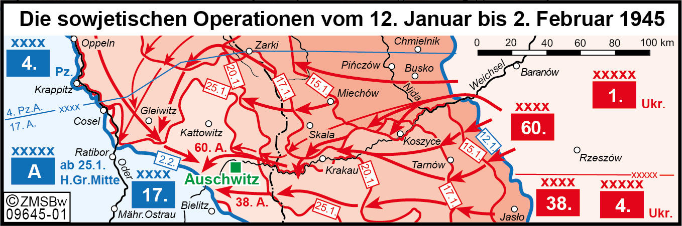 Karte des operativen Vormarsches der sowjetischen Armee im Januar und Februar 1945