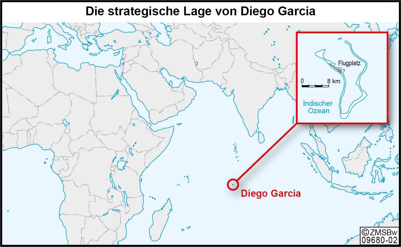 Karte des Indischen Ozeans auf der die Lage von Diego Garcia relativ mittig eingetragen ist.