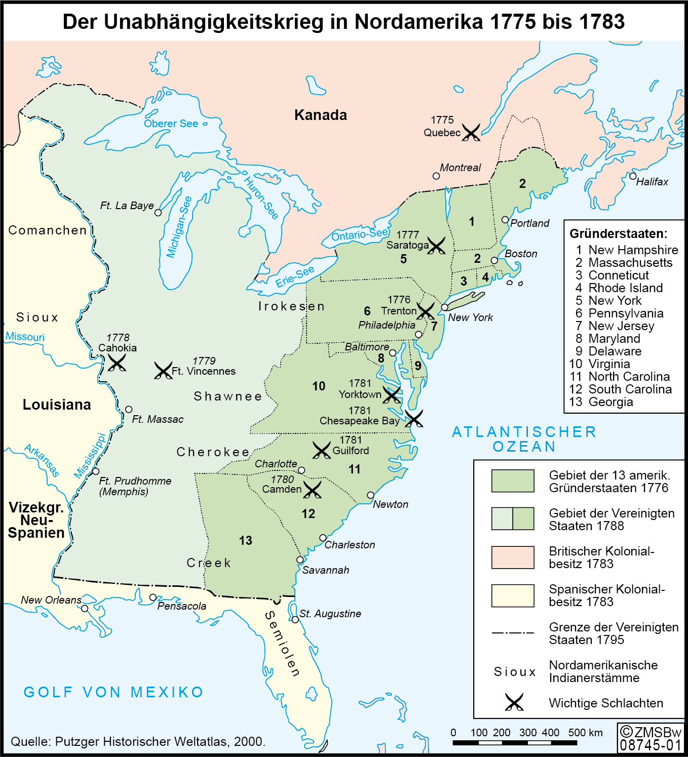 Die Karte markiert die verschiedenen Schauplätze des Unabhängigkeitskrieges im Osten der USA.