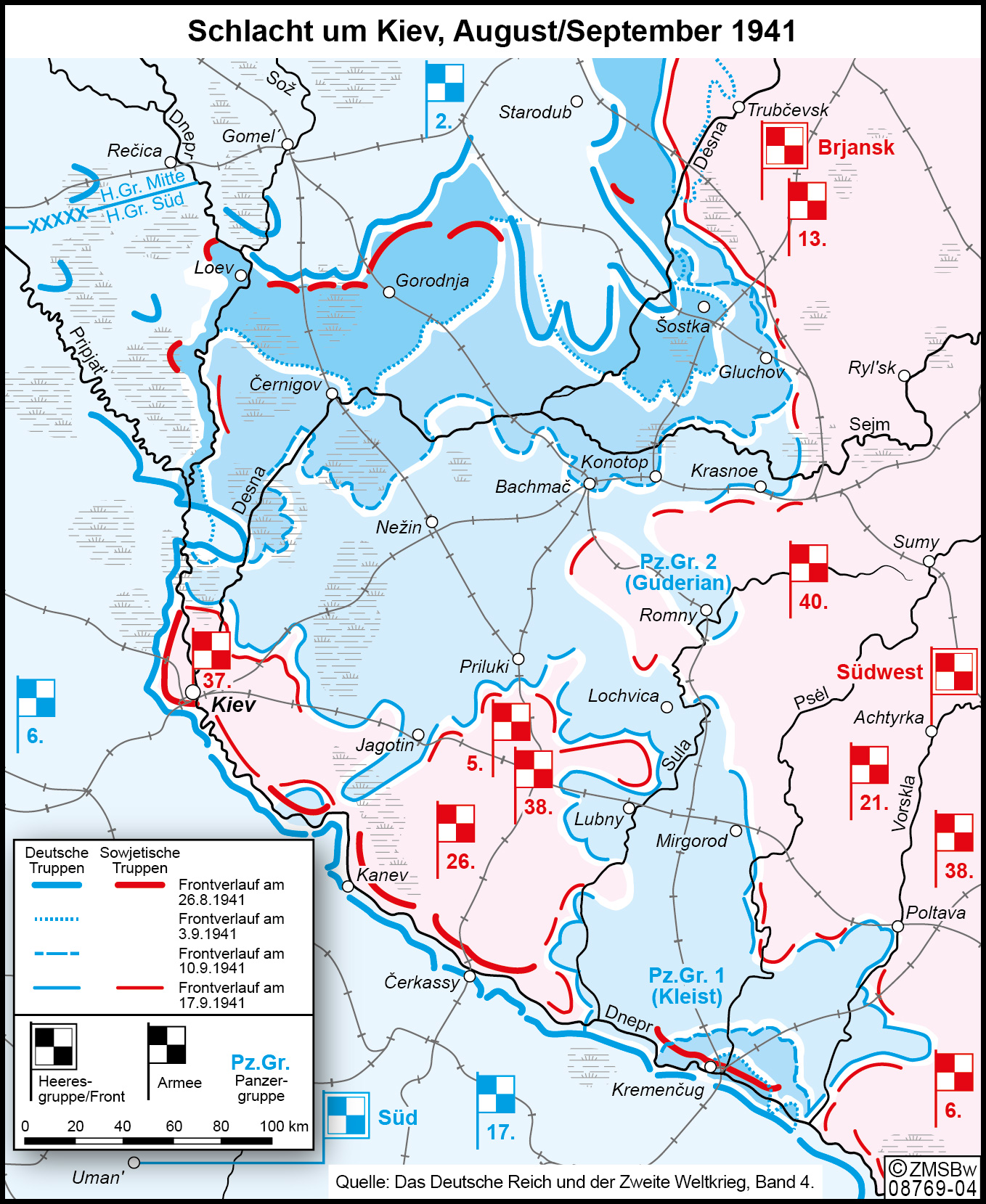 Die Karte zeigt die Verschiebungen des Frontverlaufs rund um Kiew zugunsten der Wehrmacht 1941