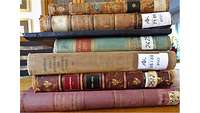 Sieben Bücher, zu einem Stapel übereinander gelegt, zeigen die Vielfalt der bisherigen Raubgutfunde.
