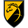 Wappen AufklBtl 7 Diagonal golden-schwarz geteilt. Ein Pferdekopf ragt aus dem schwarzen in den goldenen Hintergrund.