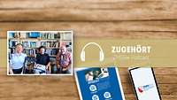 Im Vordergrund drei Mitarbeiter vom ZMSBw im Tonstudio bei der Aufnahme, im Hintergrund Tablet und Handy mit ZMSBw Logo