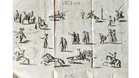 Kupferstich mit mehreren kleinen Abbildungen, wie Reiter Gegenstände mit Lanze, Säbel oder Pistole treffen