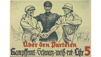 Ein Plakat zeigt einen Mann in Uniform, der einen Arbeiter und einen Bauern zusammenführt, die sich die Hand reichen