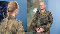 Ein Soldat und eine Soldatin stehen sich während eines Interviews in einem Studio gegenüber