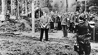 Fotografie von Hitler, der mit einer Gruppe weiterer Personen das Baugelände der "Wolfsschanze" besichtigt.