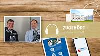 Ein Mann im Anzug und ein Mann in Uniform im Tonstudio vor einem Mikro