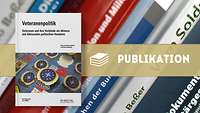 Collage aus Cover Veteranenpolitik und Bücherreihe im Hintergrund