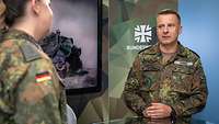 Eine Soldatin und ein Soldat stehen sich gegenüber und sprechen miteinander.