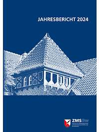 Cover skizzierte Außenansicht Haus 12 auf dem Gelände des ZMSBw, weiß auf blauem Untergrund.