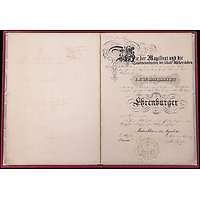 deutsche Handschrift auf Karton mit kalligraphischen Überschriften, tektiertem Siegel und Unterschriften
