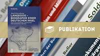 Buchcover Bd 3 Langeoog vor einer Banderole mit dem Wort "Publikation" im Hintergrund Buchrücken