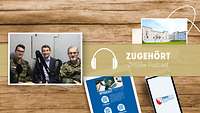 2 Männer in Tarnuniform und ein Mann in Anzug sitzen vor dem Mikrofon im Podcastraum