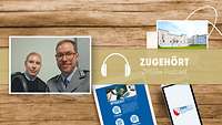 Eine Frau und ein Mann in Uniform sitzen vor einem Mikrofon im Podcastraum