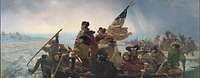 Soldaten rudern ein volles Boot fährt über einen aufgewühlten Fluss, George Washington steht im Bug.