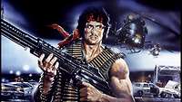 Der Filmheld Rambo hält ein Maschinengewehr und schuat grimmig, im Hintergrund fliegen Helikopter.