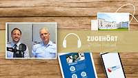 zwei uniformierte Männer sitzend vor Mikrofon im Podcastraum