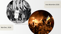 zwei Fotos mit demonstrierenden Menschen und Fahnen 